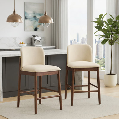 Lois Indoor Upholstered Wooden Counter Stool, Bar Chair, Dark Walnut Finish Frame with Beige Upholstery, Set of 2