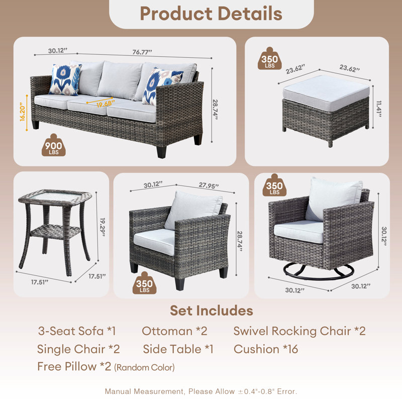 GRS Premium All-Weather Wicker 9 - Person Patio Conversation Set with Cushions, No, Gray