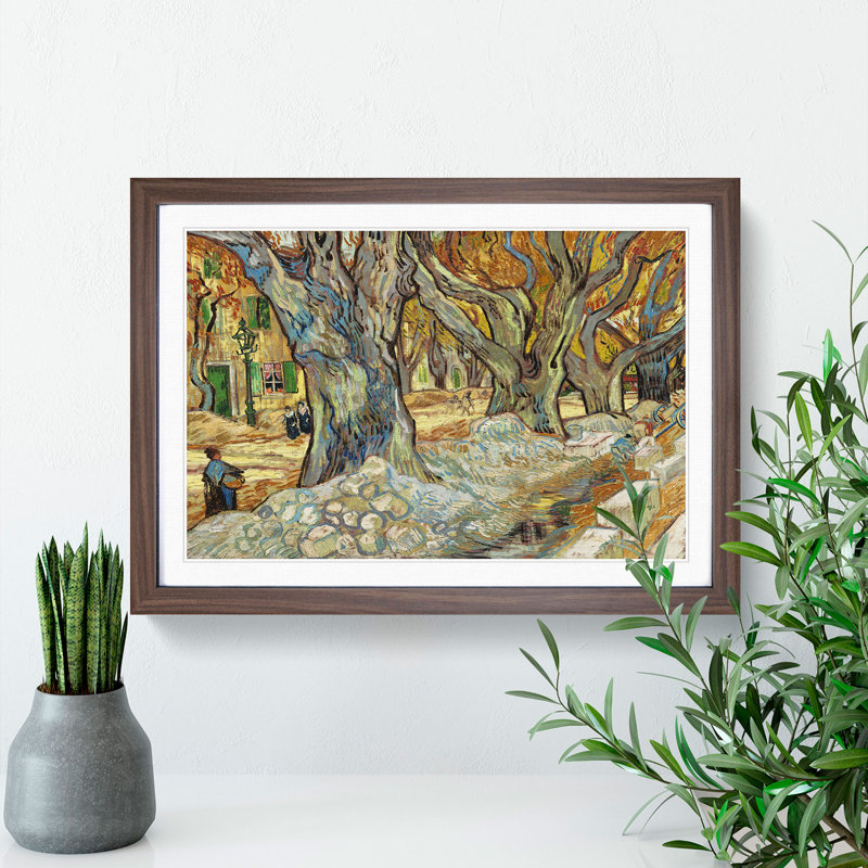 The Large Plane Trees by Vincent Van Gogh - Picture Frame Painting, 27cm H x 36cm W x 2cm D, Walnut