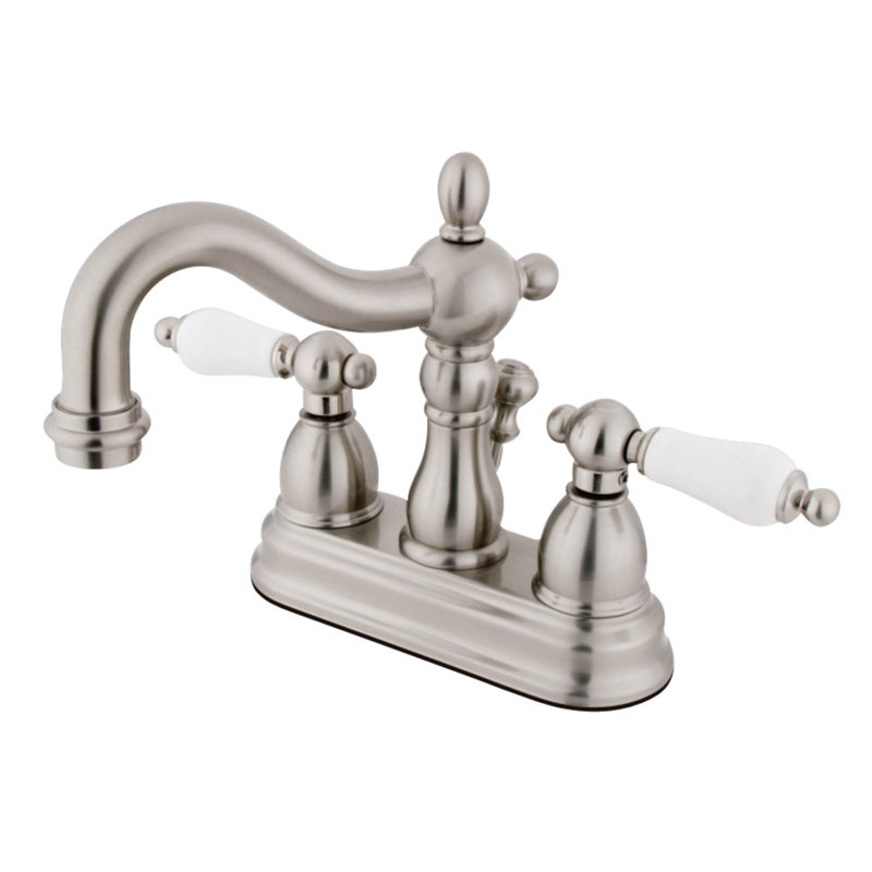 Kingston Brass Heritage Two-Handle 3-Hole Deck Mount 4" Centerset Bathroom Faucet with Plastic Pop-Up, Brushed Nickel