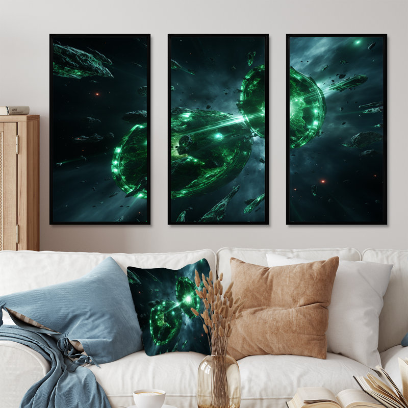 «Green Cosmos Explosion I», art mural de la planète espace, Cadre flottant noir, H 28 po x l 36 po x P 1 po