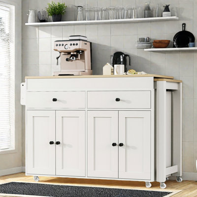 Îlot de cuisine avec table de salle à manger extensible, roues, étagère à épices, 2 tiroirs et armoires