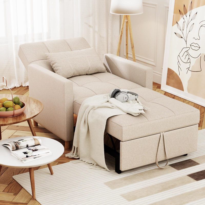 Beige Linen Convertible Sleeper Chair with Adjustable Backrest