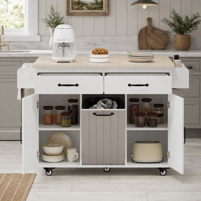 Îlot de cuisine à roulettes avec abattant, armoire à déchets basculante, tiroirs, tablettes de rangement et supports latéraux Farmhouse
