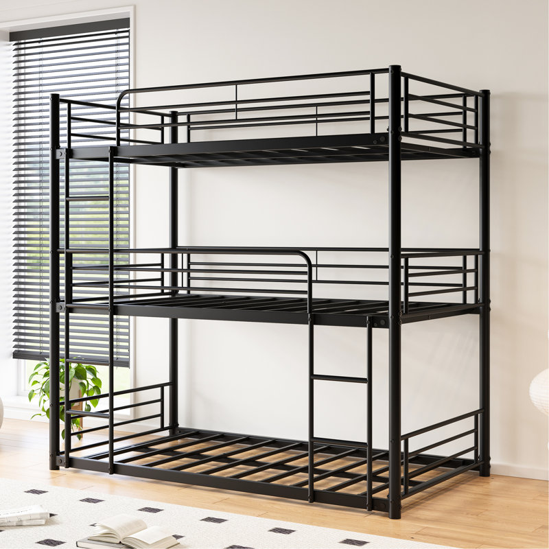 Structure de lit superposé simple noir triple, au-dessus de la conception, deux échelles pour faciliter l'ascension, barrières de sécurité pleine longueur, lit silencieux, structure en métal, accès, lits supérieurs, peu encombrant dans les petites chambres