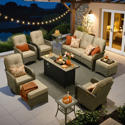 9- Person Patio Furniture Set With Swivel Rocker, Outdoor Wicker Rattan High Back Seating Group With Cushions, All Weather Sofa Conversation Set For Garden Backyard