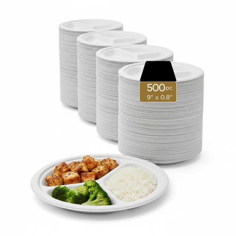 Bagasse Plates (PFAS-Free), White, 3-compartment, 9", 500-Pack