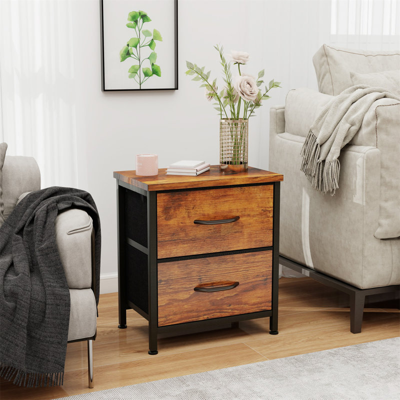 Table de chevet 2 tiroirs en bois et tissu avec tablette ouverte , Brun, 2