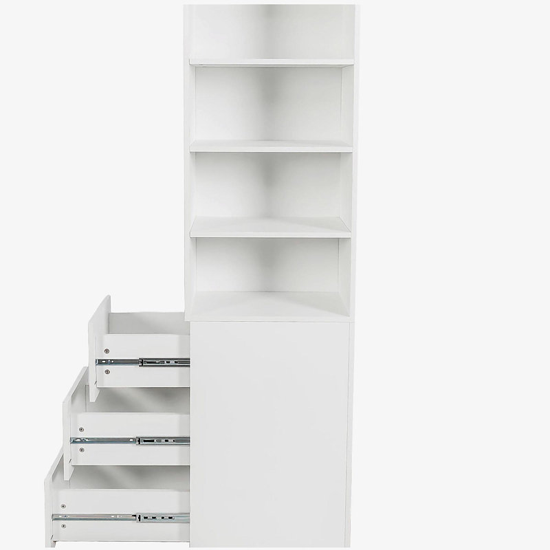 Grande bibliothèque moderne, armoire de rangement H 70,87 po avec tablette à 4 niveaux et 3 tiroirs latéraux, Blanc