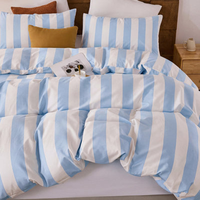 Ensemble de housse de couette à rayures bleues et blanches pour grand lit, ensemble de literie 100% coton avec fermeture à glissière et 8 attaches d'angle, literie de luxe en lin, housse d'édredon douce et respirante pour toutes les saisons