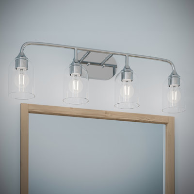 Ensemble de meuble-lavabo 4 lumières en chrome poli avec abat-jour en verre transparent Ilia