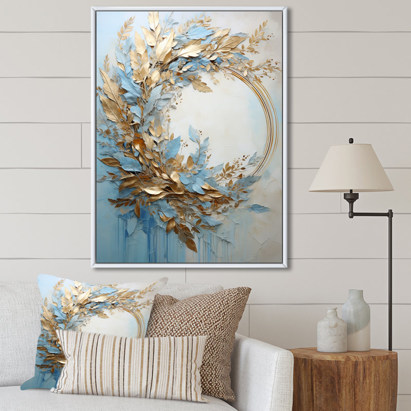 Couronne de fleurs bleue et dorée - salon d'art mural, Cadre flottant blanc, H 40 po x l 30 po