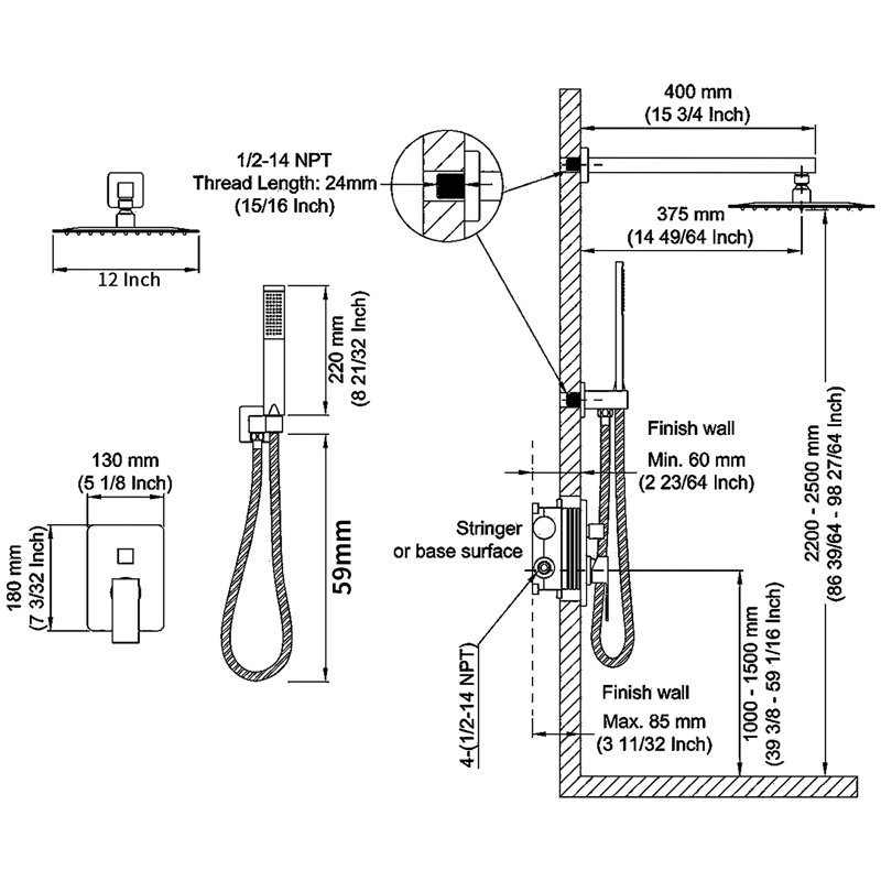 Shower System Shower Faucet Combo Set Wall Mounted With 12" Rainfall Shower Head And Handheld Shower Faucet, With Brass Valve Rough-In