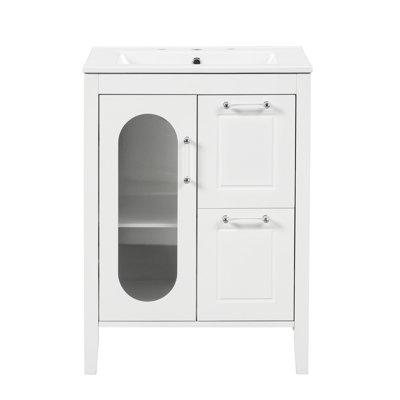 Meuble-lavabo blanc 24 po avec lavabo, armoire en bois massif, deux tiroirs, tablette réglable, armoire moderne avec porte et tablette