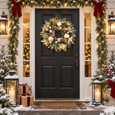 Couronne de Noël 24 po pour porte d'entrée avec feuille d'or et pomme de pin artificielle pré-éclairée avec boules