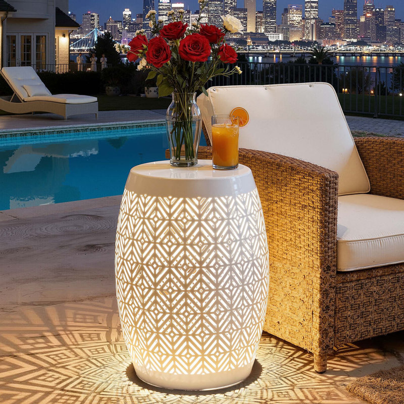 18" H LED Metal Side Table, Geometric Cut-Out Drum Design, Weather-Resistant for Outdoor Indoor, Glossy White Geometric