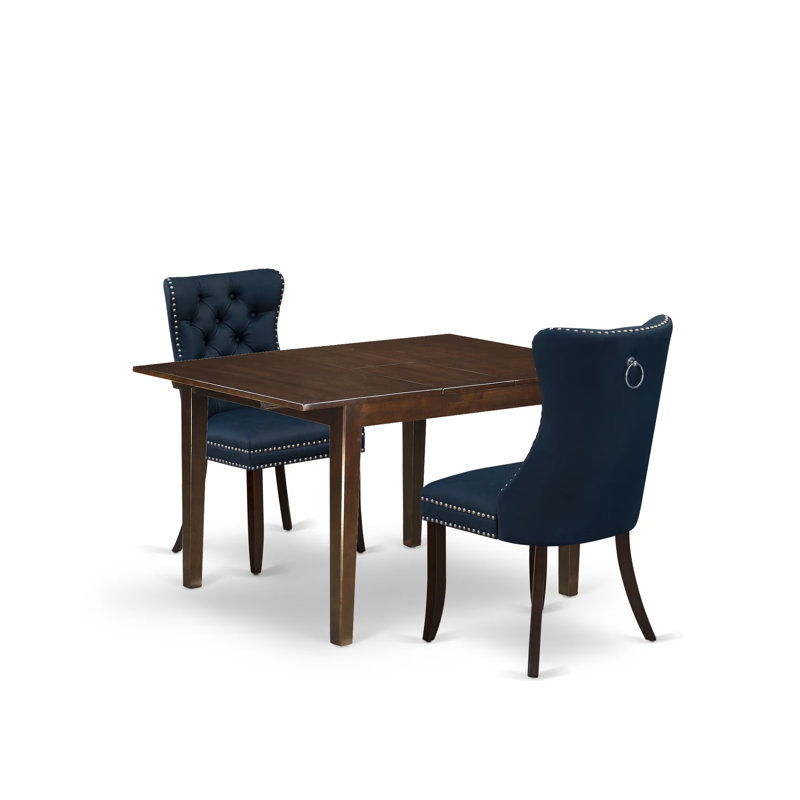 Ensemble de table de salle à manger 3 pièces comprenant une table rectangulaire en bois avec rallonge amovible et 2 chaises rembourrées, acajou