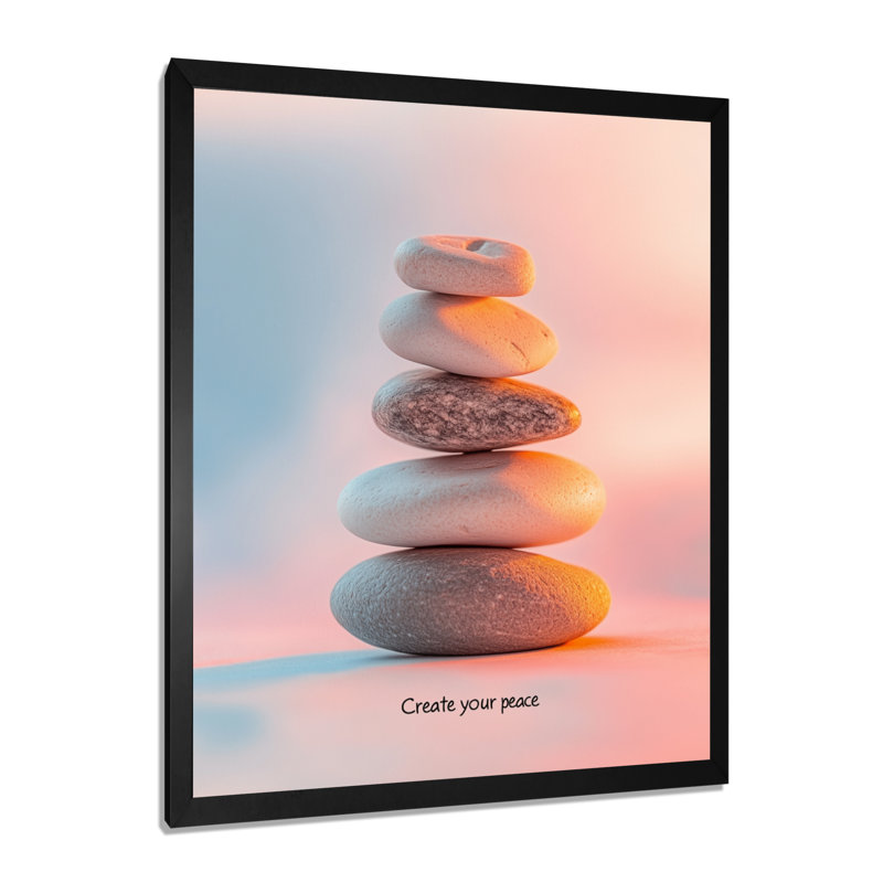 Rose et bleu : Créez votre paix - Tableau encadré en pierre spirituelle, H 44 po x l 34 po, Black Picture Framed