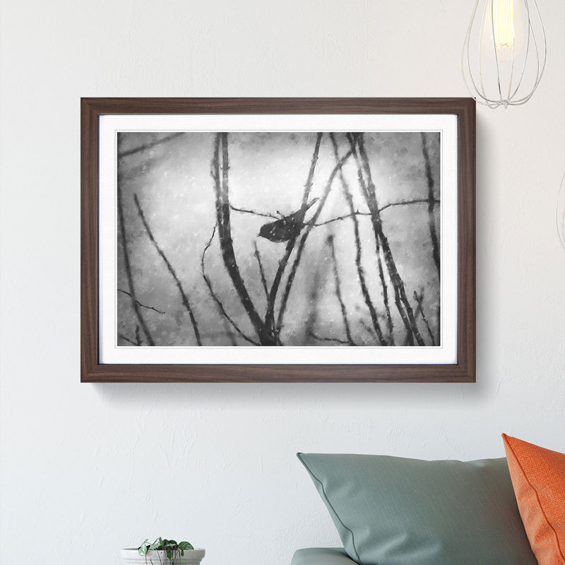Bird On A Branch Painting - Single Picture Frame Print on MDF, 45cm H x 33cm W x 2cm D, Walnut