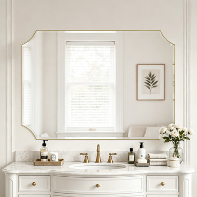 30'' x 42'' rectangular stainless steel gold-framed wall-mounted vanity mirror, suitable for bedrooms and living rooms.