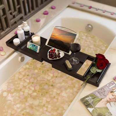 Brown Bamboo Waterproof Expandable Luxury Bathtub Caddy Tray with Wine Book Holder + Free Soap Dish for Tub