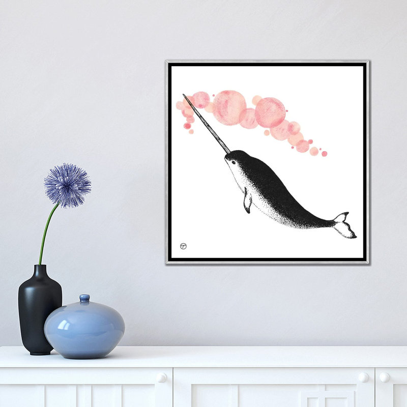 Art papier narwhal, H 18 po x l 18 po x P 1,5 po, Toile avec cadre argenté