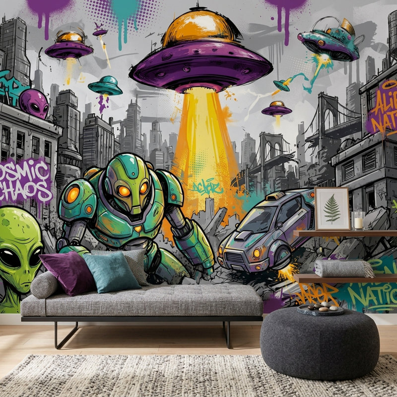 Murale Alien Invasion UFO Graffiti Street Art, 120 po x 96 po, Peler et coller