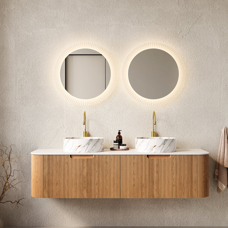 Meuble-lavabo mural de 60 po avec 2 lavabos en pierre ronds blancs, tiroirs, couleur naturelle, conception à rayures 3D, contreplaqué, éviers faciles à installer, finition d'armoire, glissières à fermeture en douceur, pré-assemblé