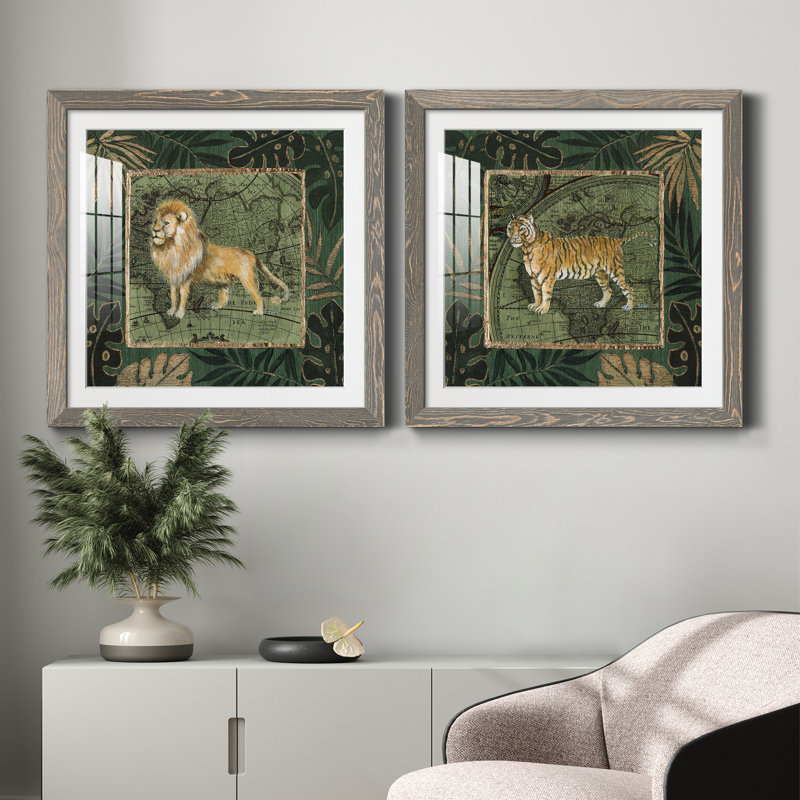 «Jungle Lion», ensemble de 2 impressions, H 31,5 po x l 63 po x P 1,5 po, Cadre en papier gris