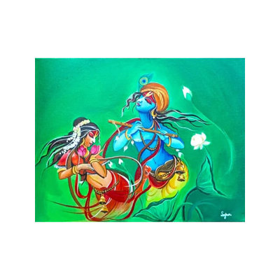 Radha Krishna absorbée par la flûte | Acrylique sur toile | Par Sajan Dhal