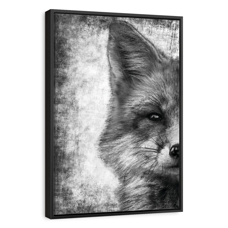 Visage de renard noir et blanc, Cadre flottant noir, 21 po x 31 po