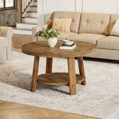 Solid Wood Coffee Table, 31.5" Farmhouse Round Center Table with 2-Tier Storage, Suitable for Living Room or Bedroom, Rustic Brown