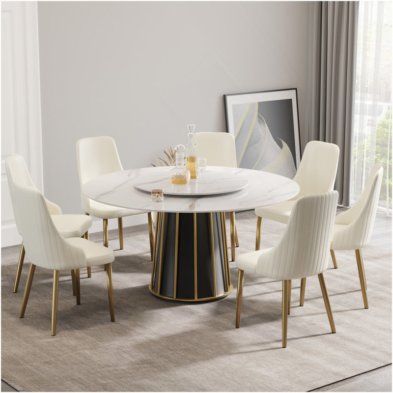 Table de salle à manger 59,05 po en pierre artificielle ronde blanche avec base en fer blanc pouvant accueillir 8 personnes - table tournante en pierre artificielle blanche de 31,5 po (sans les chaises)