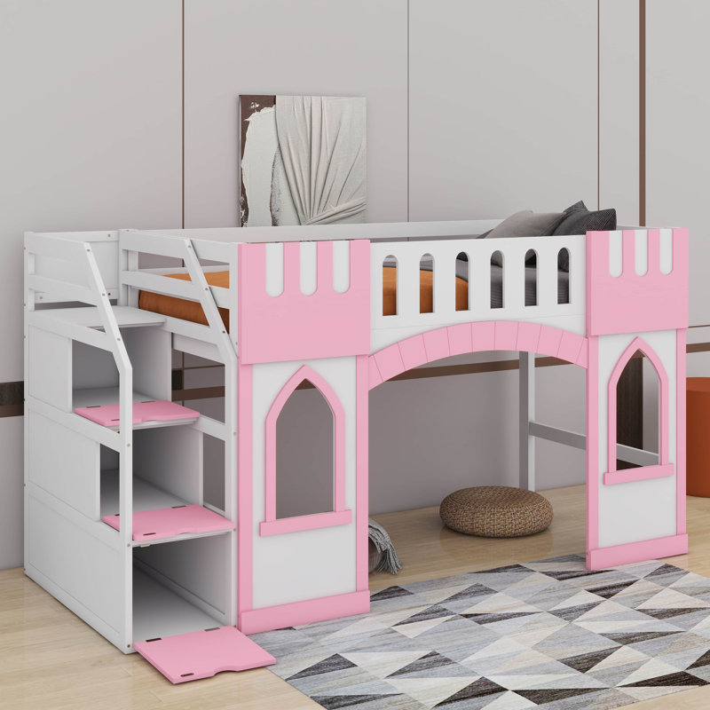 Twin Size Loft Bed With Window And Storage Staircase, Pink