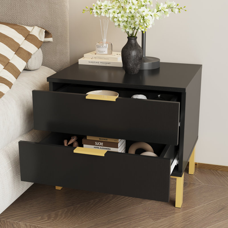 Black Bedside Table With 2 Drawers Bedside Cabinet Metal Legs Narrow Sidetable