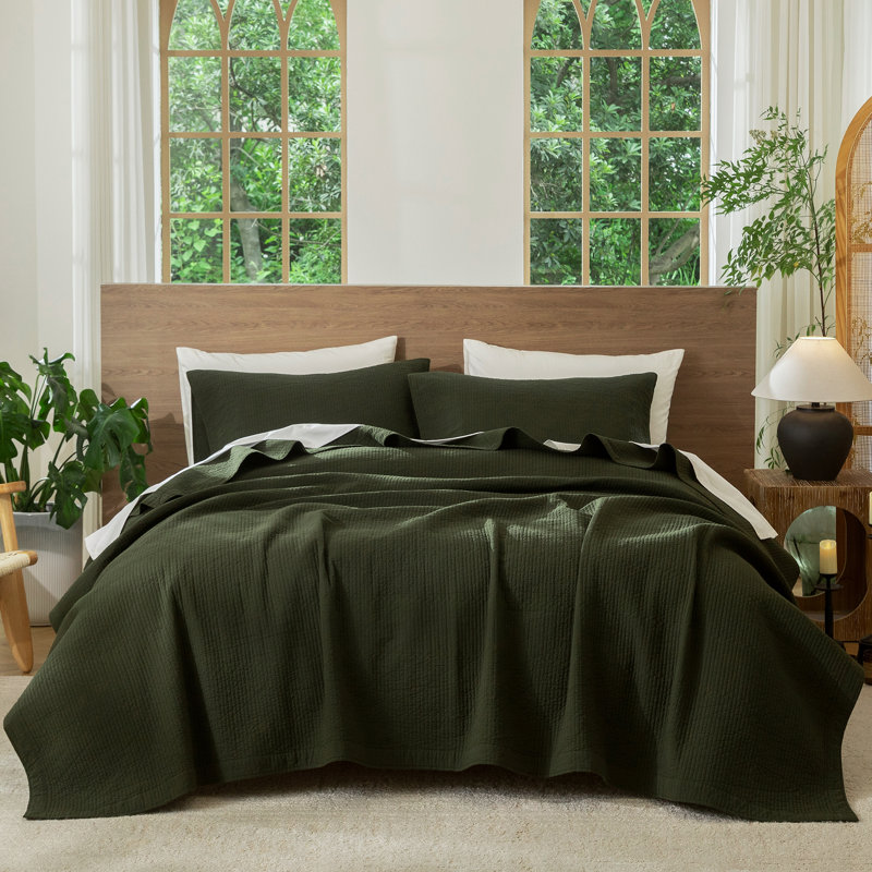 Ensemble de courtepointe à rayures 100% coton délavé, Courtepointe pour grand lit + 2 taies décoratives, Vert olive