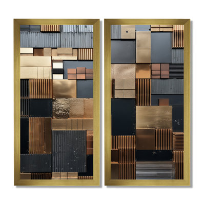 «Brown Abstract Tile Mosaic Charm», ensemble de 2 reproductions d'art sur toile abstraites