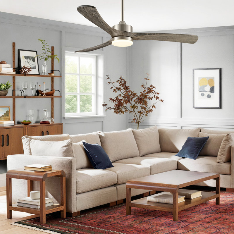 52" Modern Farmhouse Dimmable Ceiling Fan with LED Lights and Remote Control, Brushed Nickel with Gray Wood Blade