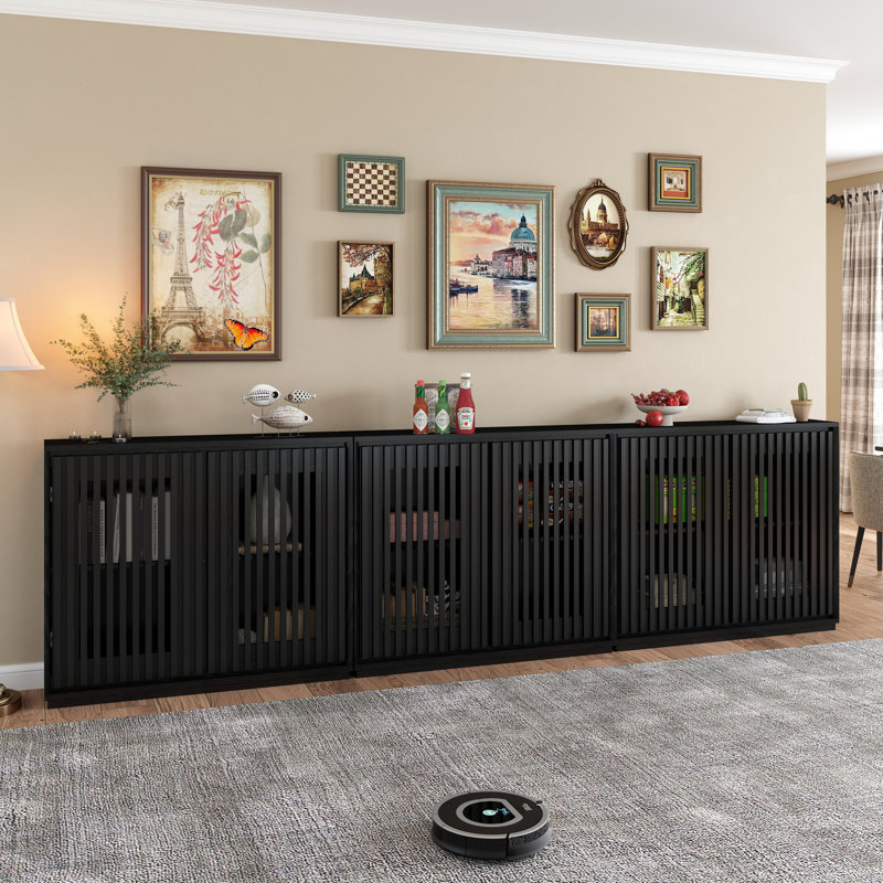 Mid Century Modern Fluted Hollowed Out Sideboard Cabinet, Black