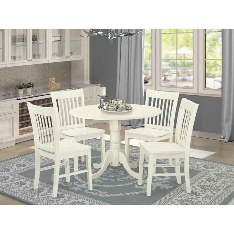 5 Piece Dining Set Includes a Round Dining Room Table with Dropleaf and 4 Kitchen Chairs, 42x42 Inch, Linen White, Wooden