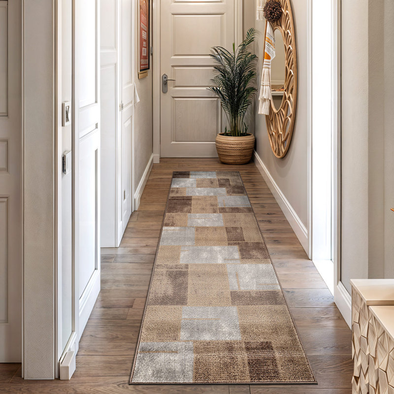 Tapis moderne moderne au design épuré et contemporain, Brun, Tapis de couloir 2 pi 2 po x 12 pi