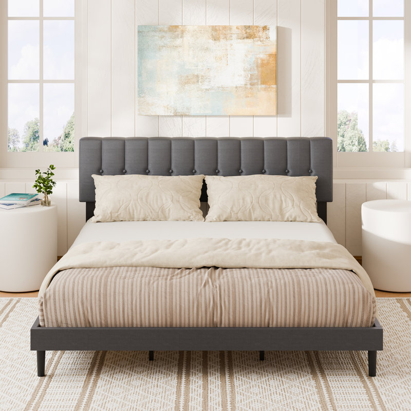 Upholstered Bed Frame with Adjustable Headboard, King