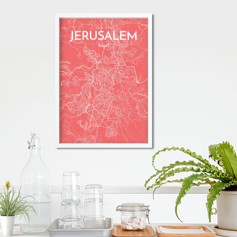 Carte de la ville de Jérusalem, impression de luxe, Rose / bleu pastel, H 27,6 po x l 19,7 po