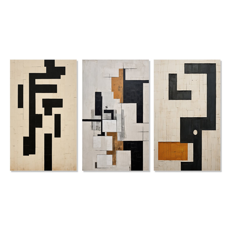 "Nouvel ordre abstrait monochrome I" - 3 pièces, Toile tendue, H 32 po x l 48 po