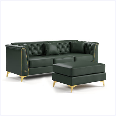 3-Seater Chesterfield Sofa Modular with Pillows Button Tufted Faux Leather Green for Living Room, Apartment