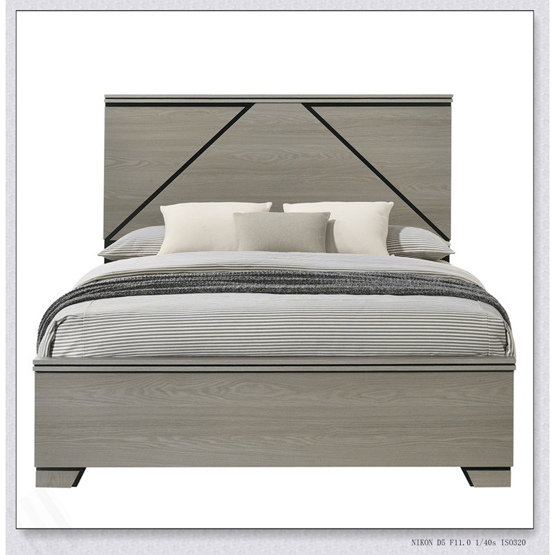 Modern Design Bed With LED Light Headboard Wooden Bedroom Furniture Grey Finish, Bed In A Box