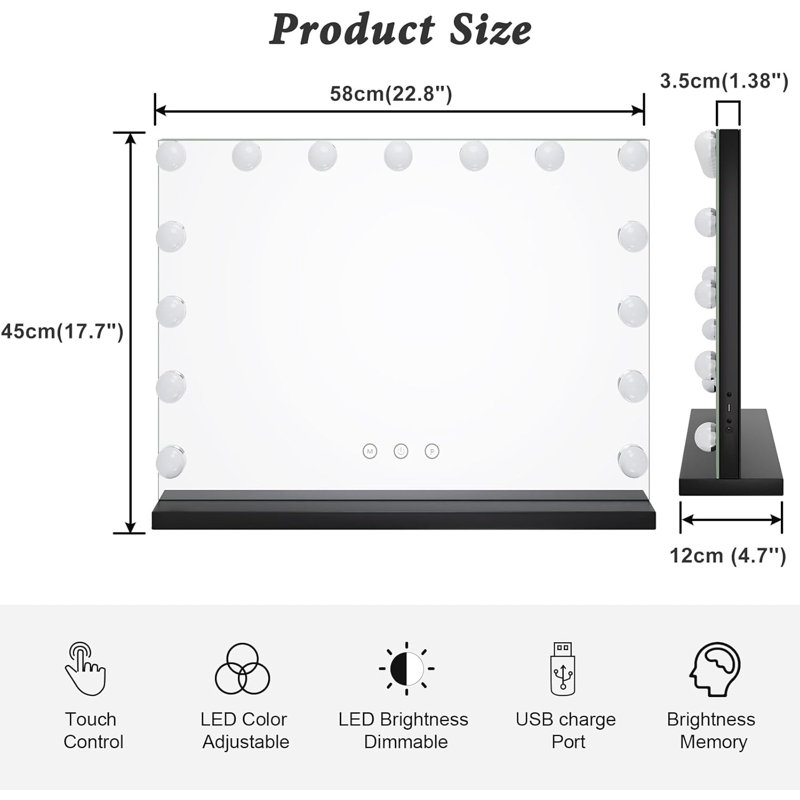Metal Rectangle Mirror, 45H x 58Lcm-Black
