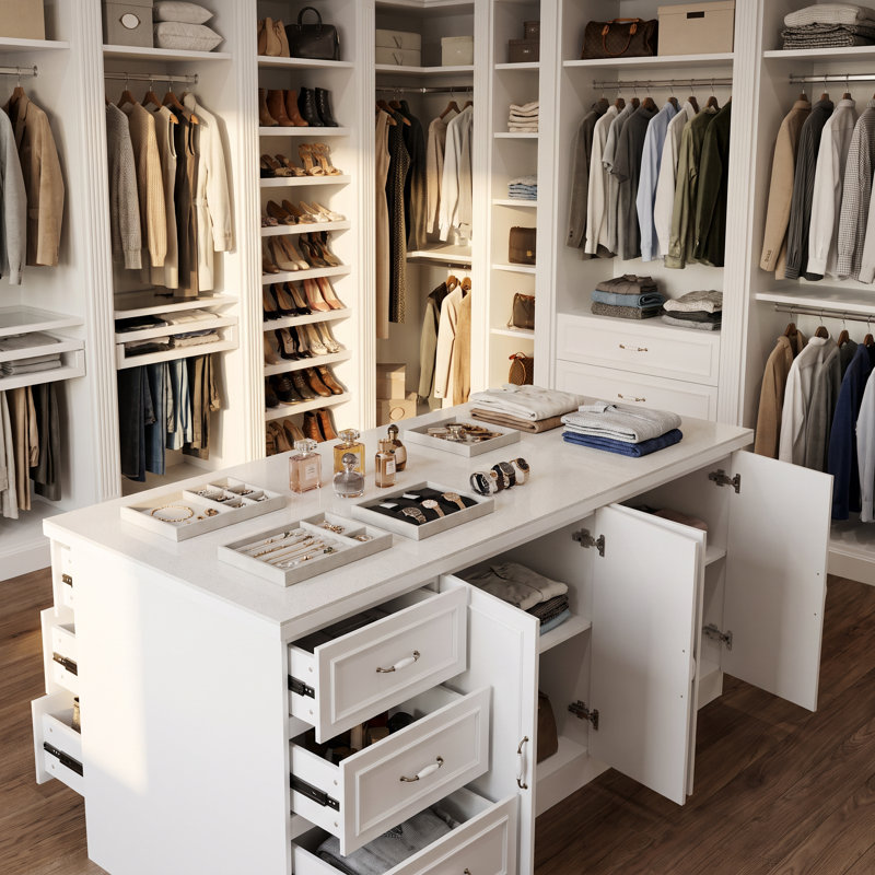 Îlot de 86 po blanc avec dessus en marbre, quatre portes et six tiroirs pour garde-robe