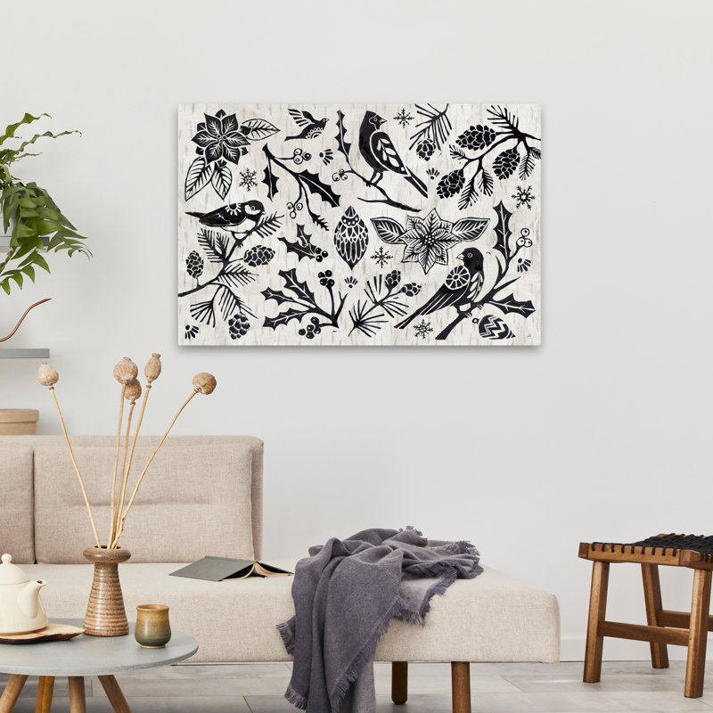 Gravure sur bois, Noël II - animaux, bouleaux, art noir, H 24 po x l 36 po