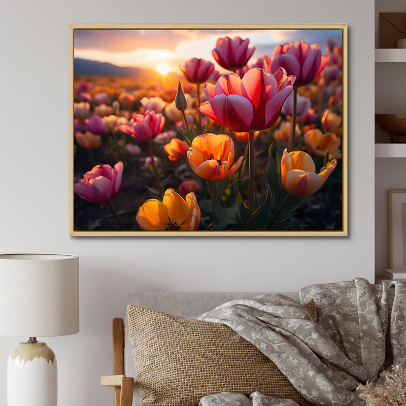 " Tulips Fields Of Colour V ", 12" H x 20" W x 1" D, Natural Floater Framed